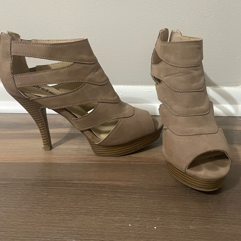 Tan suede open toe ankle boots